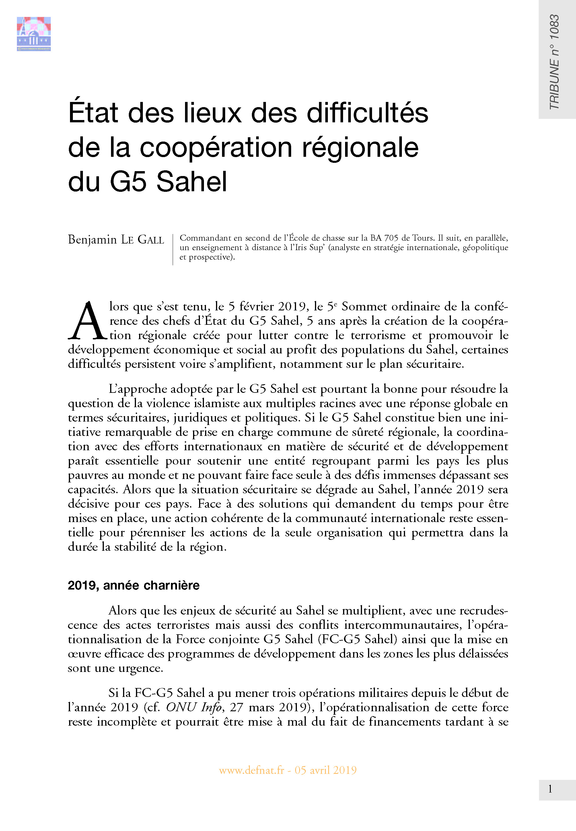 État des lieux des difficultés de la coopération régionale du G5 Sahel (T 1083)
